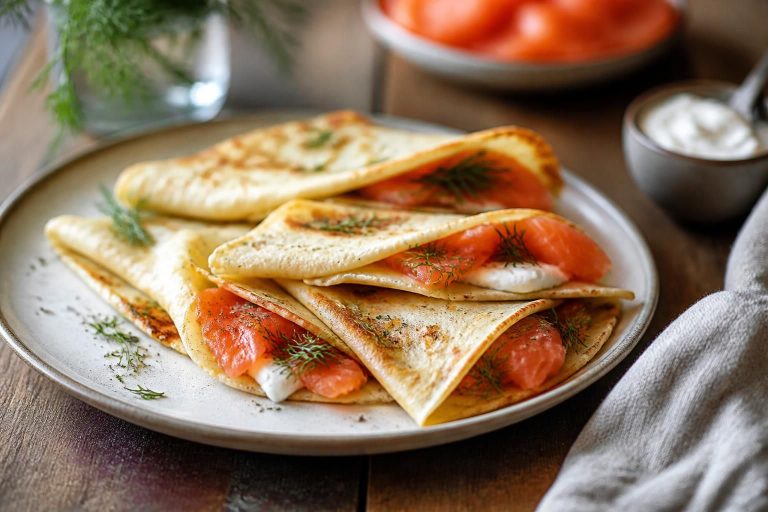 Crêpes au saumon fumé garnies de crème citronnée à l'aneth, pliées en quatre et dressées sur une assiette blanche avec des tranches de saumon rose et un quartier de citron