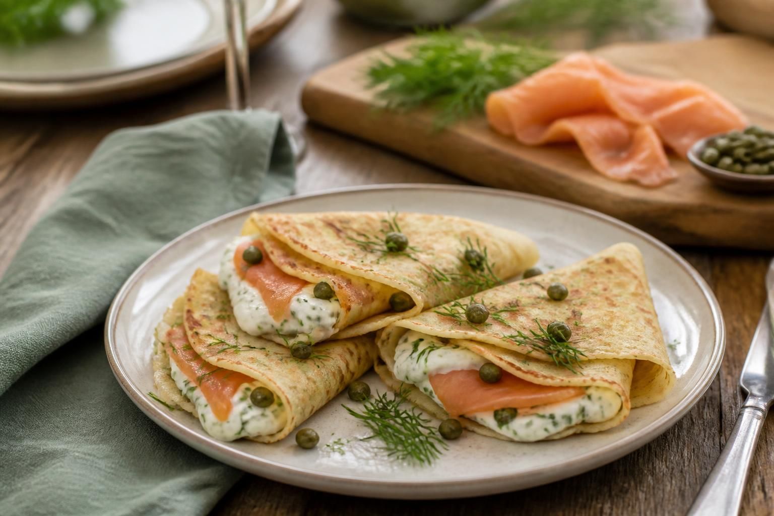 Crêpes au saumon fumé et Boursin roulées sur une assiette en ardoise, garnies d'aneth frais et de tranches de citron