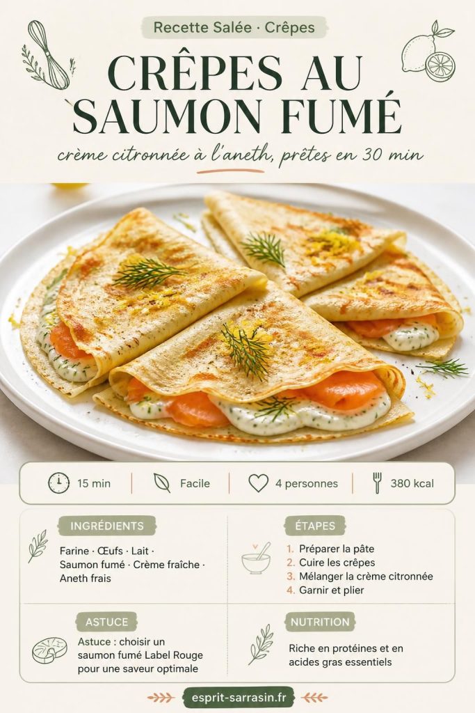 Crêpes au saumon fumé et crème citronnée à l'aneth, pliées en quatre sur une assiette blanche