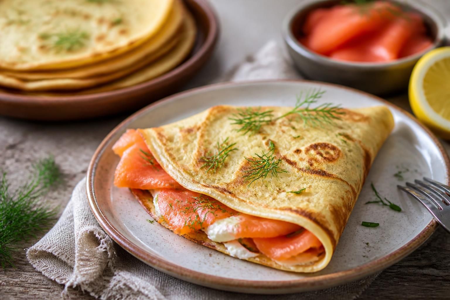 Crêpes au saumon fumé garnies de crème citronnée à l'aneth et de zestes de citron, servies pliées en quatre sur une assiette blanche