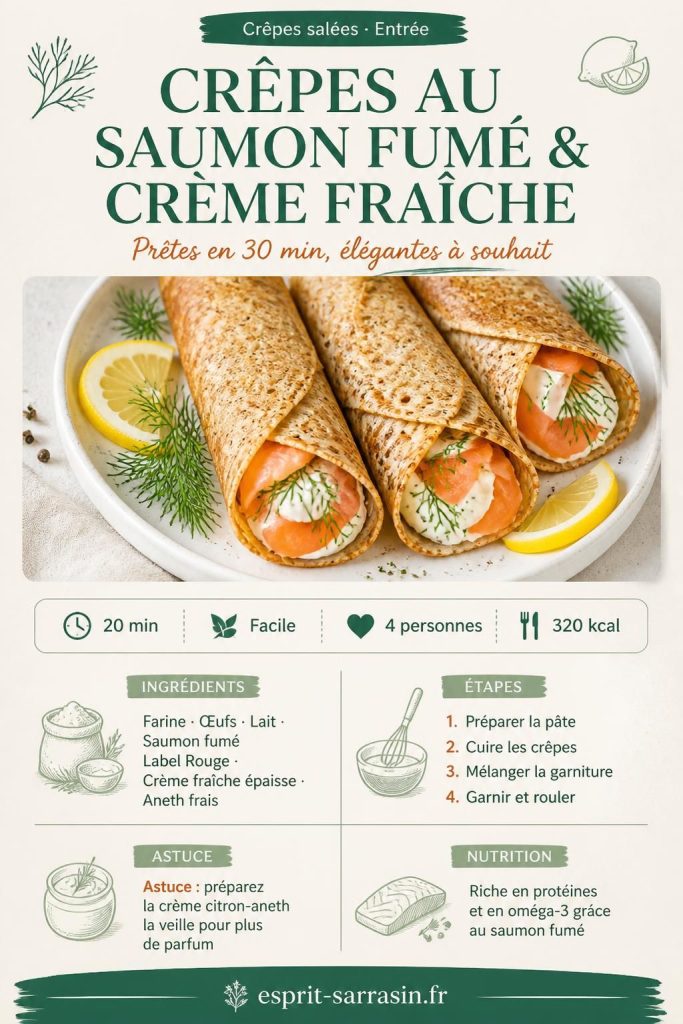 Crêpes au saumon fumé et crème fraîche roulées, aneth frais et citron, recette facile esprit-sarrasin.fr