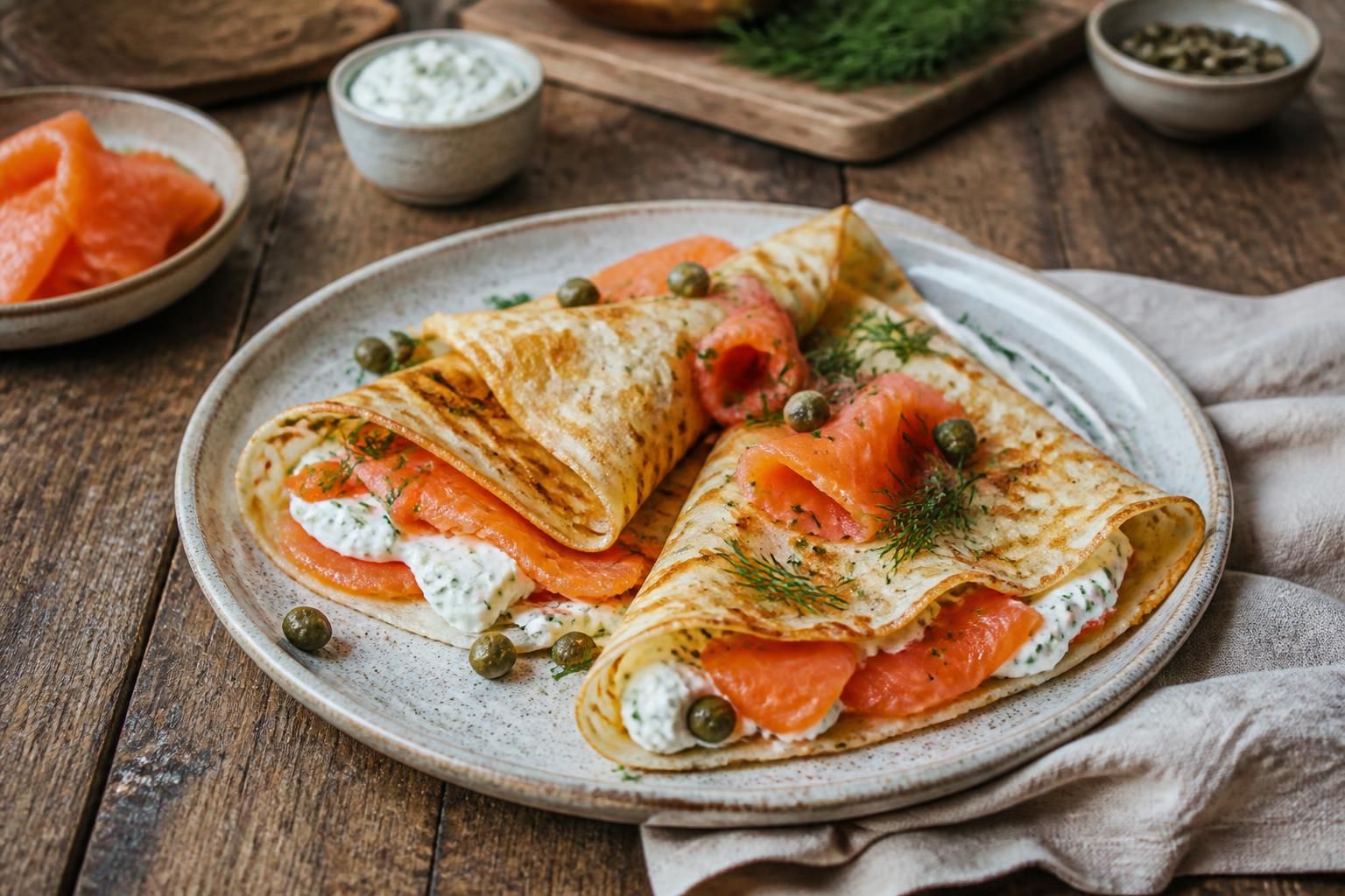Crêpes au saumon fumé et crème fraîche roulées, garnies d'aneth frais et de tranches de citron, servies sur une assiette en céramique blanche