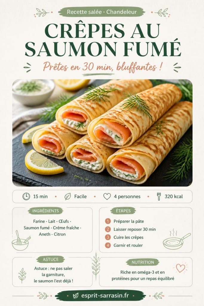 Crêpes au saumon fumé roulées sur une planche en ardoise, garnies de crème citronnée et d'aneth frais