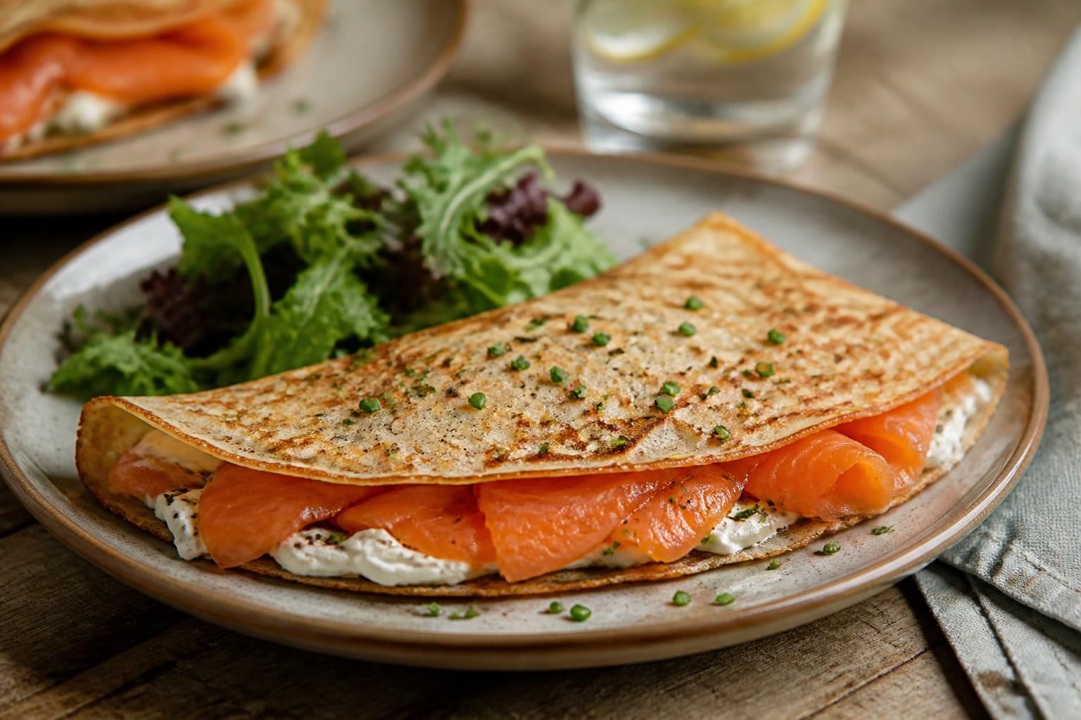 Crêpes au saumon fumé roulées, garnies de crème citronnée et d'aneth frais, servies sur une assiette en ardoise avec des tranches de citron