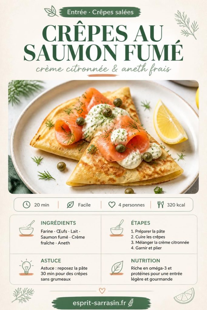 Crêpes au saumon fumé pliées en triangle avec crème citronnée et aneth, vue de dessus
