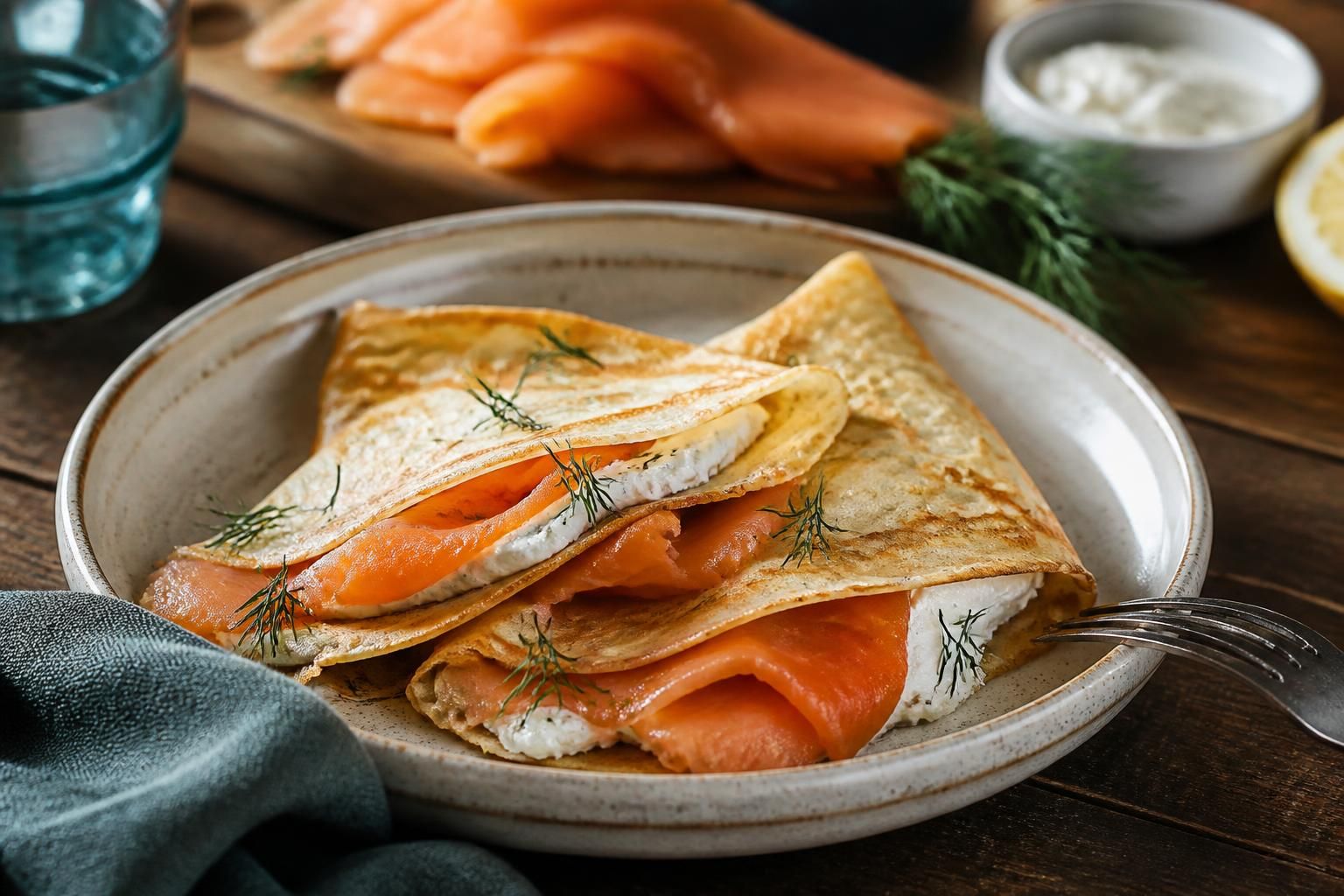 Crêpes au saumon fumé garnies de crème citronnée, d'aneth frais et de câpres, pliées en triangle sur une assiette blanche
