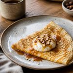 Assiette de crêpes moelleuses pour une personne, garnies de sucre et de citron, sur une table en bois avec un petit pot de confiture