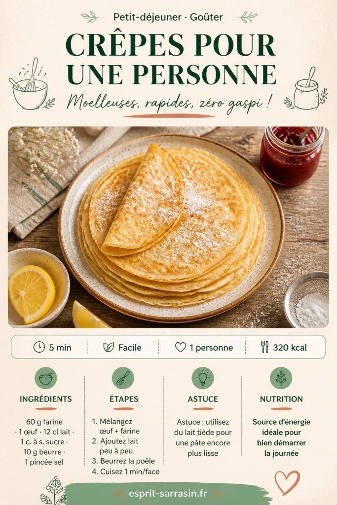 Crêpes moelleuses pour une personne avec sucre et citron, recette rapide et dosée en solo