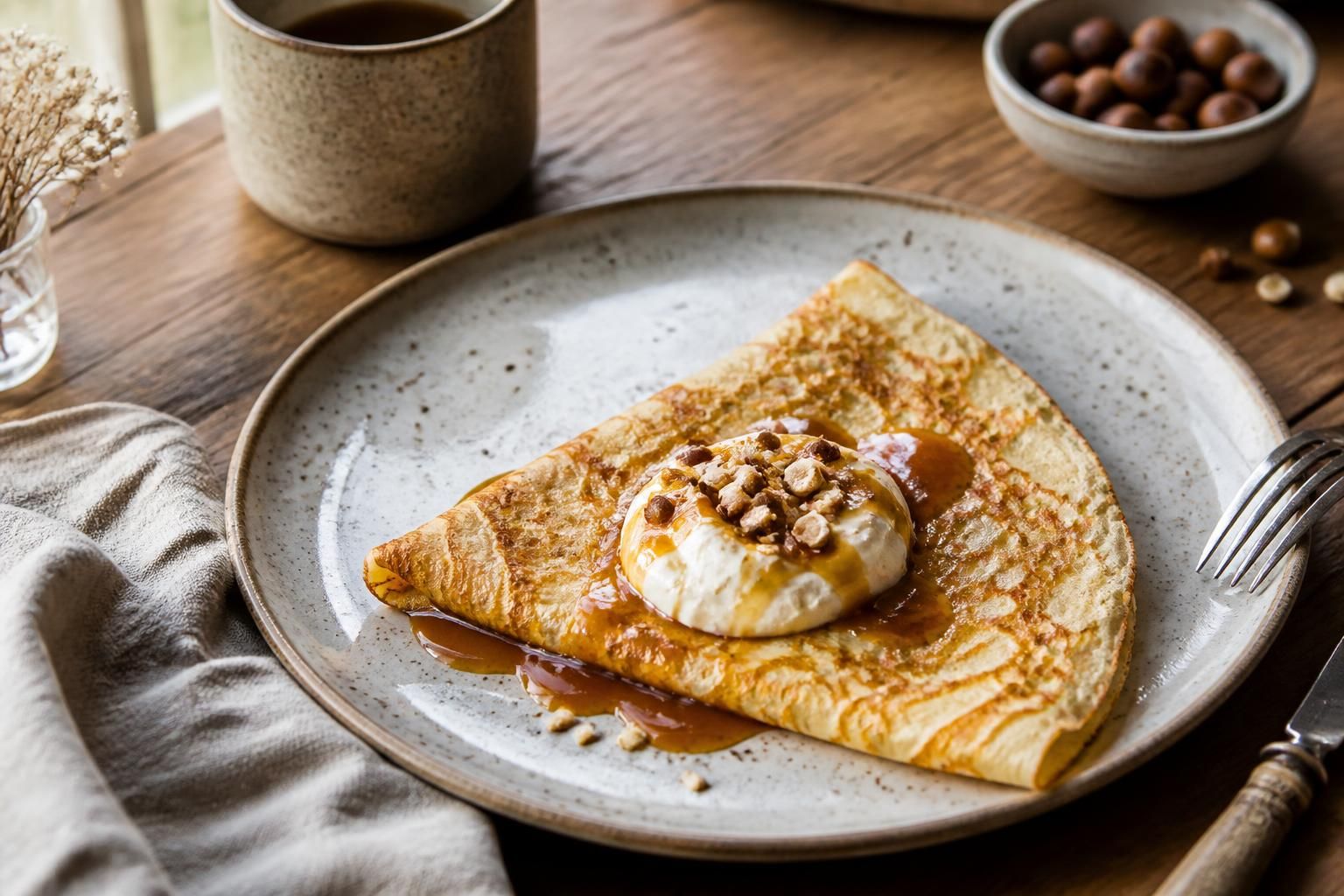 Assiette de crêpes moelleuses pour une personne, garnies de sucre et de citron, sur une table en bois avec un petit pot de confiture
