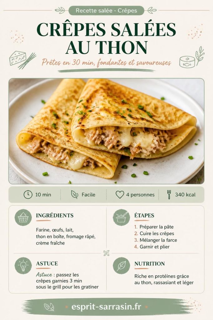Crêpes salées au thon pliées en triangle, fromage fondu et ciboulette, sur fond de table en bois clair