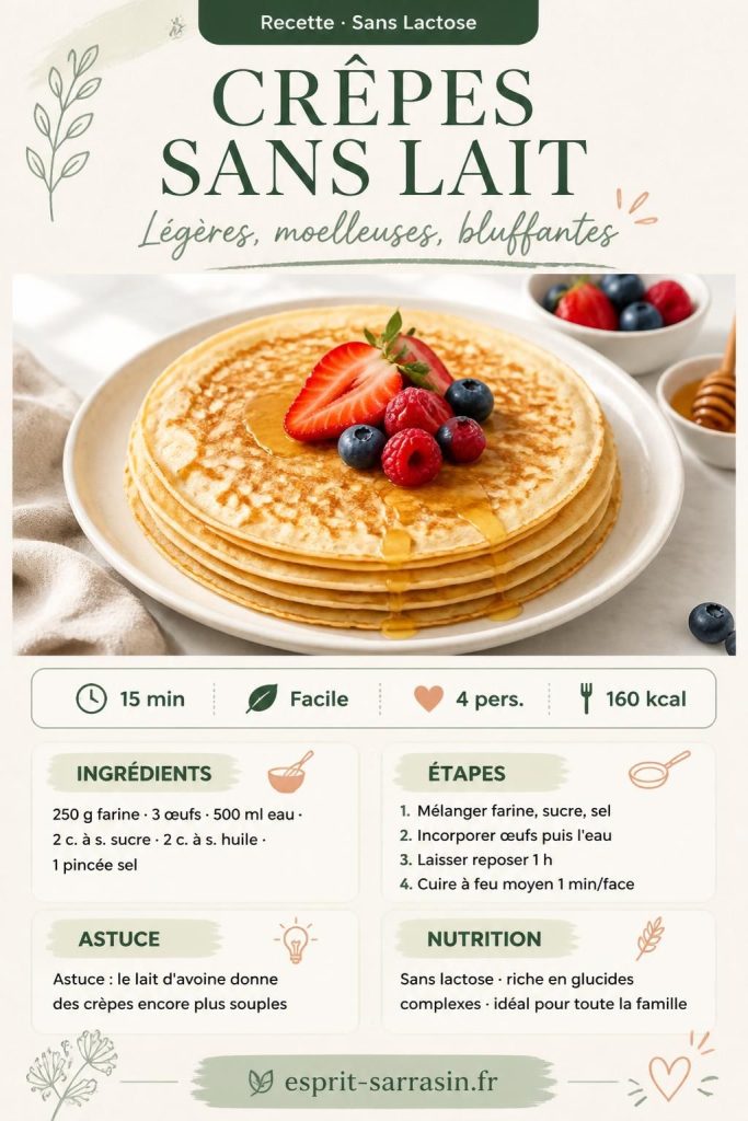 Crêpes sans lait dorées et légères sur une assiette blanche, garnies de confiture de fraises — recette facile sans produits laitiers