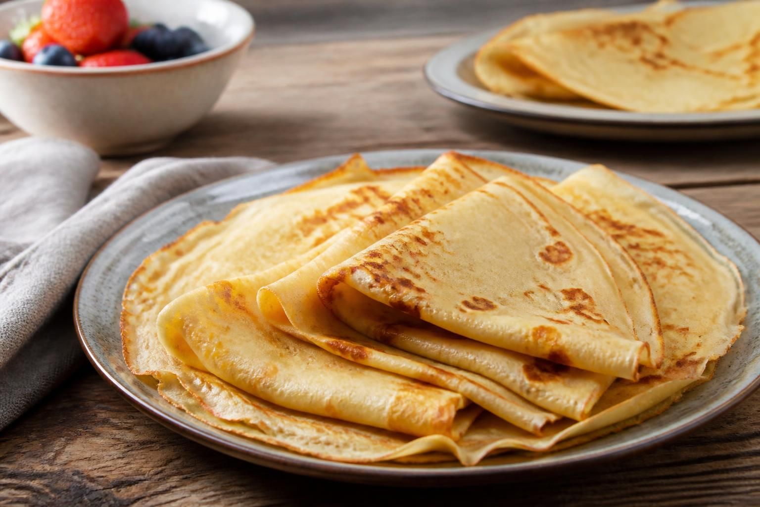 Assiette de crêpes sans lait dorées et moelleuses, garnies de confiture et de fruits frais, sur une table en bois clair