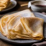 Assiette de crêpes sans lait dorées et moelleuses, garnies de confiture et de fruits frais, sur une table en bois claire