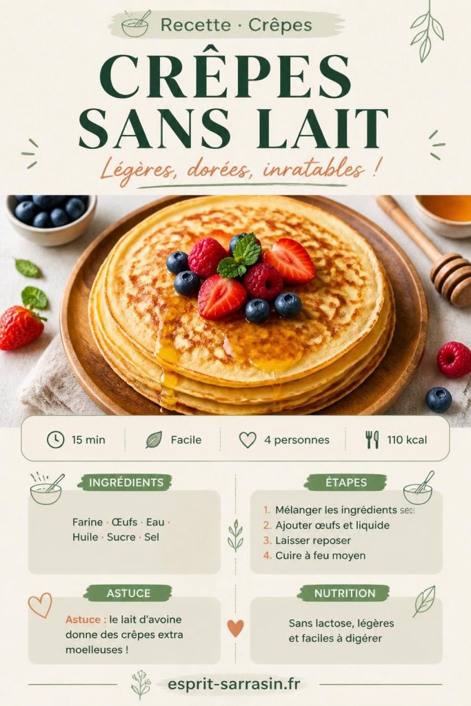 Crêpes sans lait légères et dorées sur assiette rustique, recette facile esprit-sarrasin.fr