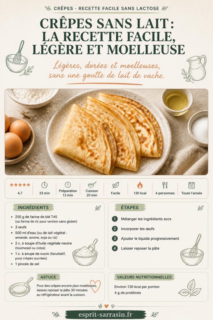 Crêpes sans lait dorées et moelleuses, garnies de compote et de sucre glace, recette facile esprit-sarrasin.fr