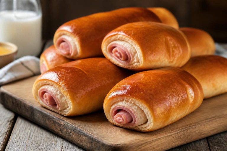 Pains au lait au jambon gratiné au four, dorés et fondants, servis sur une planche en bois avec du gruyère râpé