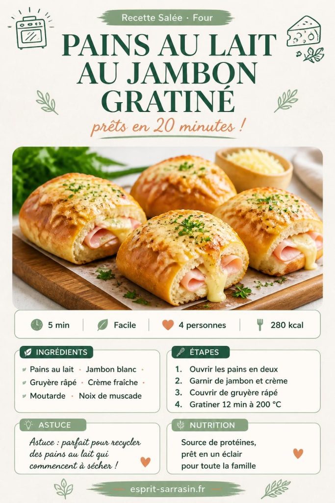 Pains au lait au jambon gratiné au four, fromage doré, sur une planche en bois