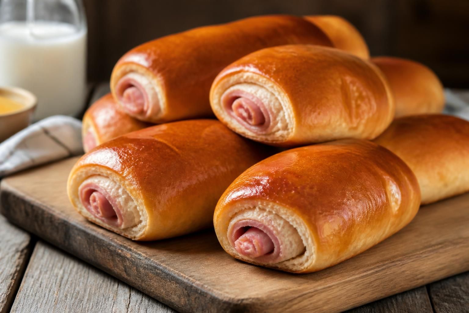 Pains au lait au jambon gratiné au four, dorés et fondants, servis sur une planche en bois avec du gruyère râpé