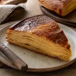 Assiette de crêpes sans lait dorées et moelleuses, garnies de confiture de fraises, sur une table en bois claire avec quelques ingrédients autour