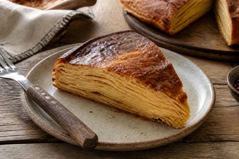 Assiette de crêpes sans lait dorées et moelleuses, garnies de confiture de fraises, sur une table en bois claire avec quelques ingrédients autour