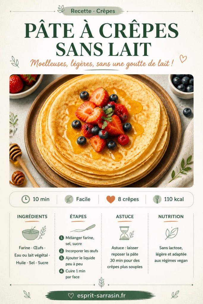 Pâte à crêpes sans lait dorées sur une assiette en bois, garnies de fruits frais
