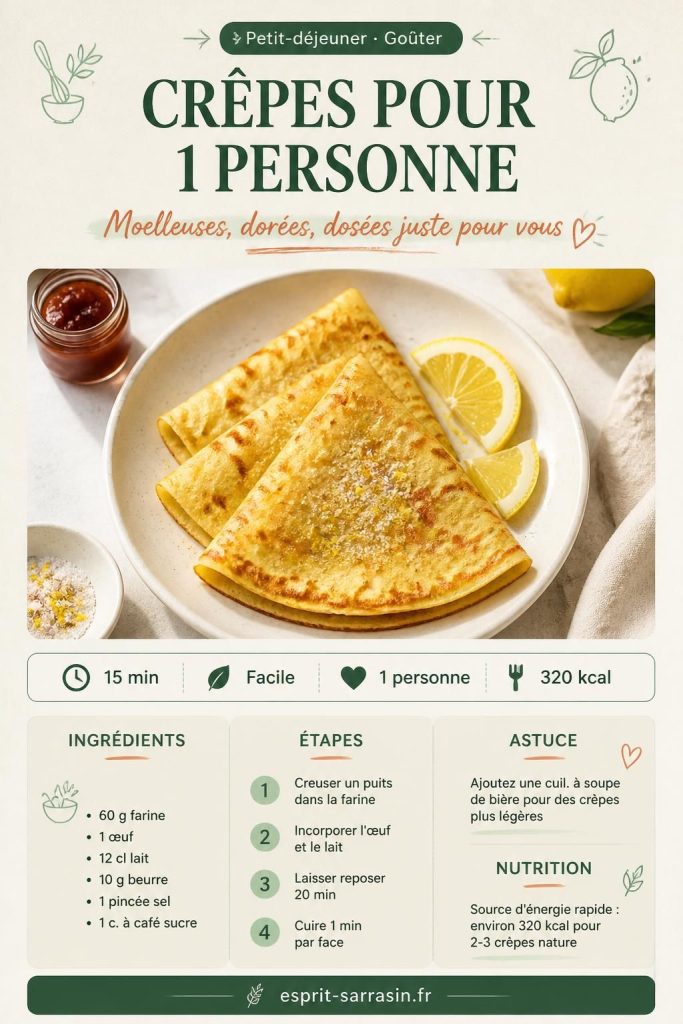 Recette de crêpes pour 1 personne : 2 crêpes dorées pliées en triangle sur une assiette blanche avec citron et sucre