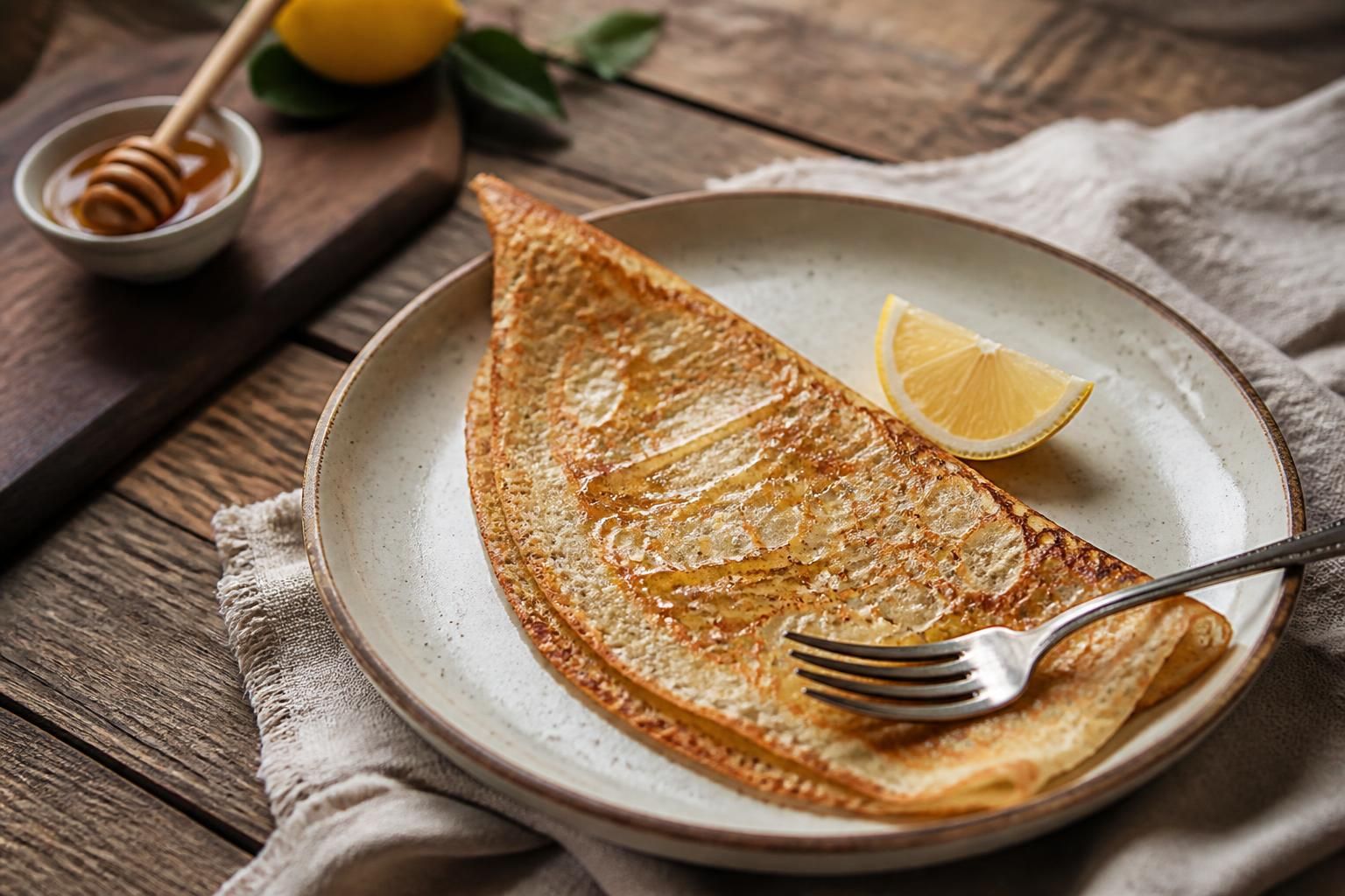 Recette de crêpes pour 1 personne : assiette de crêpes dorées et moelleuses avec un filet de citron et du sucre, sur une table en bois clair