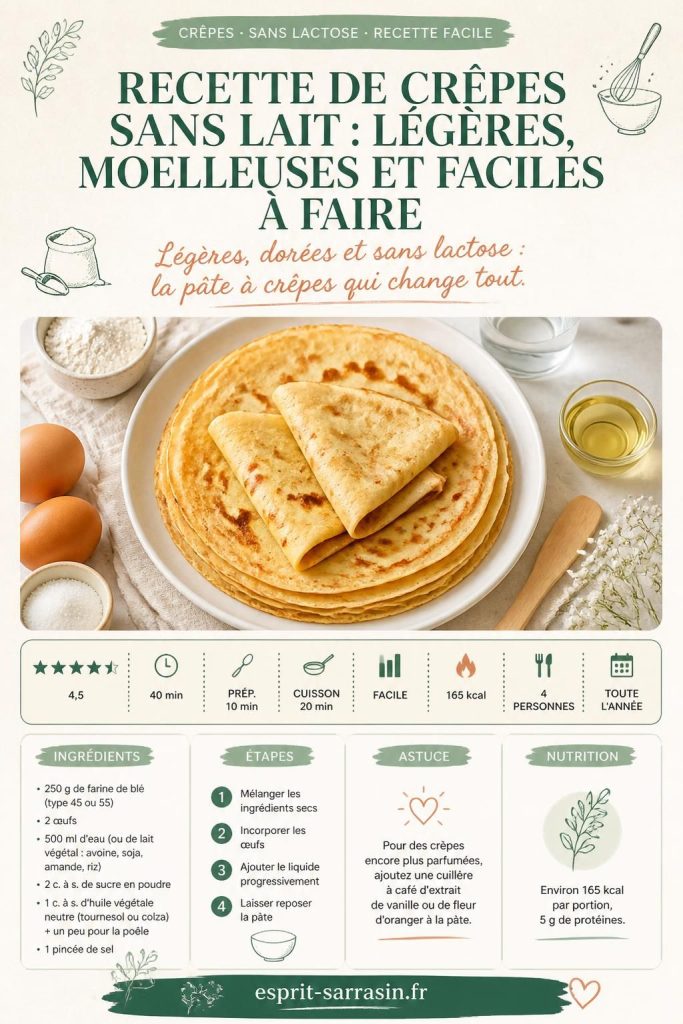 Crêpes sans lait dorées garnies de fraises fraîches et de miel, recette facile et sans lactose