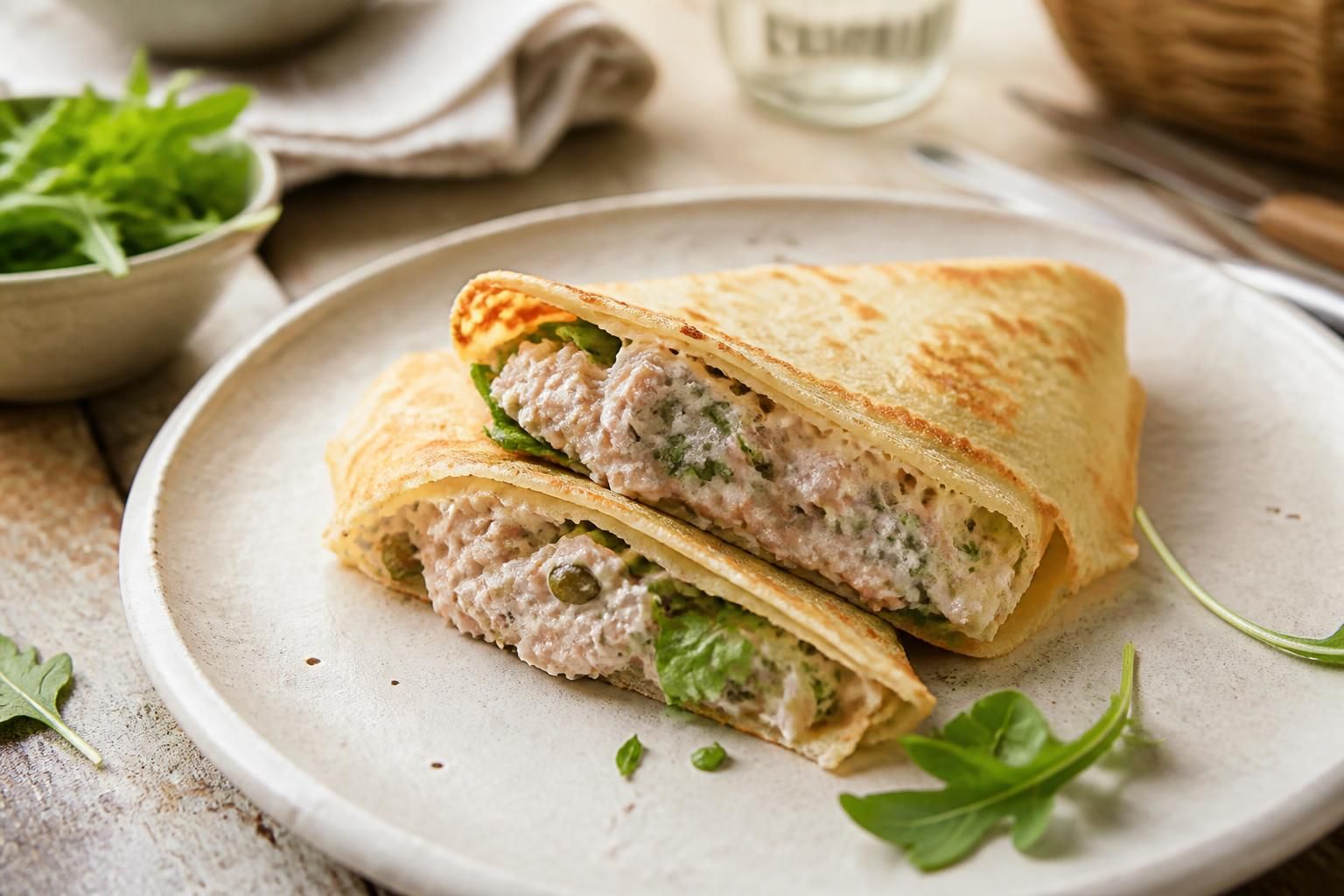 Crêpes au thon et à la mayonnaise roulées et dressées sur une assiette en bois, avec ciboulette fraîche et quartiers de citron