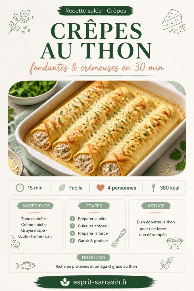 Crêpes salées au thon roulées et gratinées au gruyère dans un plat à gratin