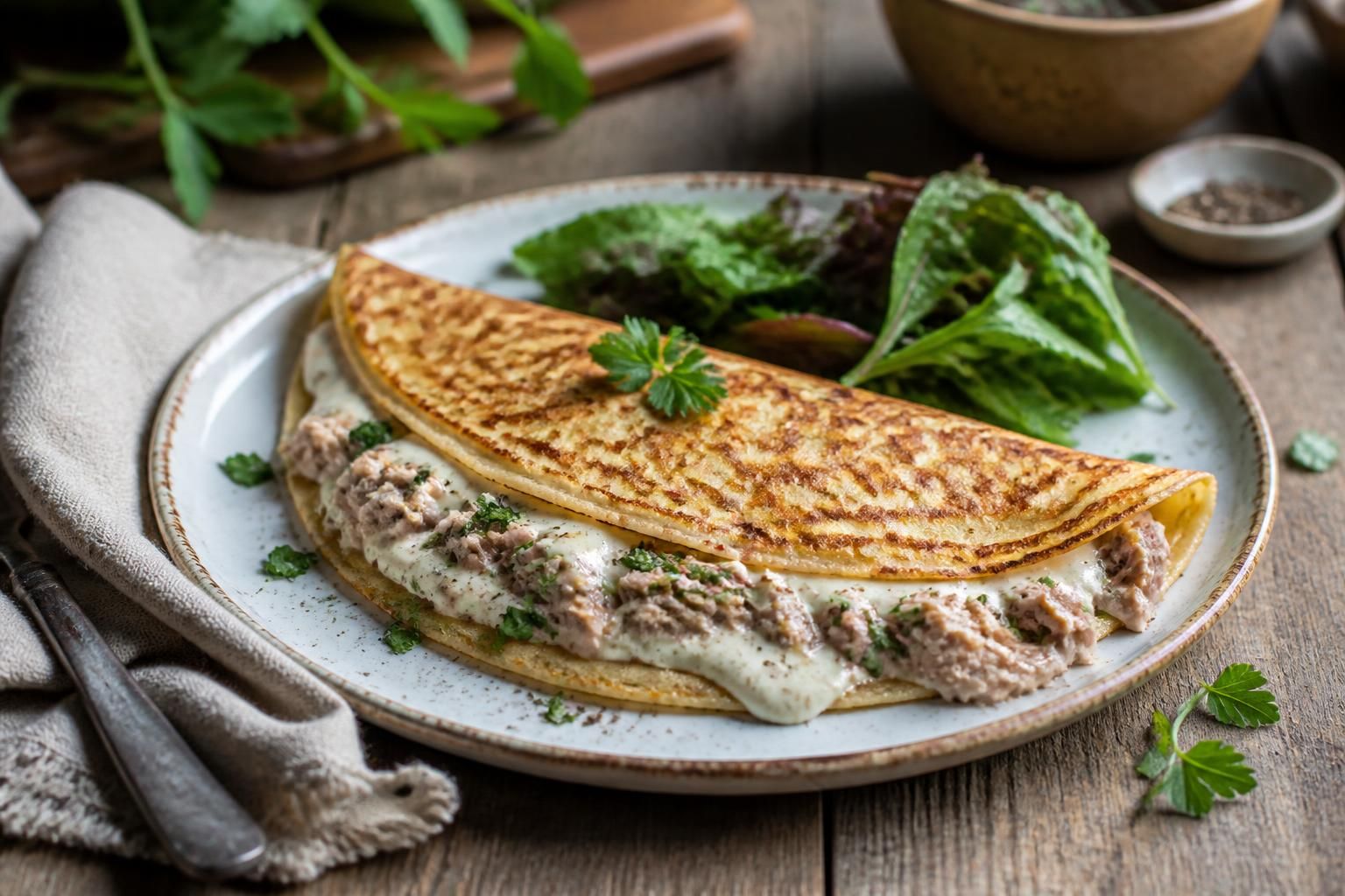 Crêpes salées au thon roulées, garnies d'une farce crémeuse au thon en boîte et fromage râpé, servies dans un plat à gratin doré au four