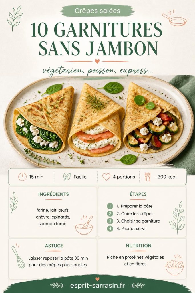 Crêpes salées sans jambon garnies de chèvre, épinards et saumon fumé, sur table en bois
