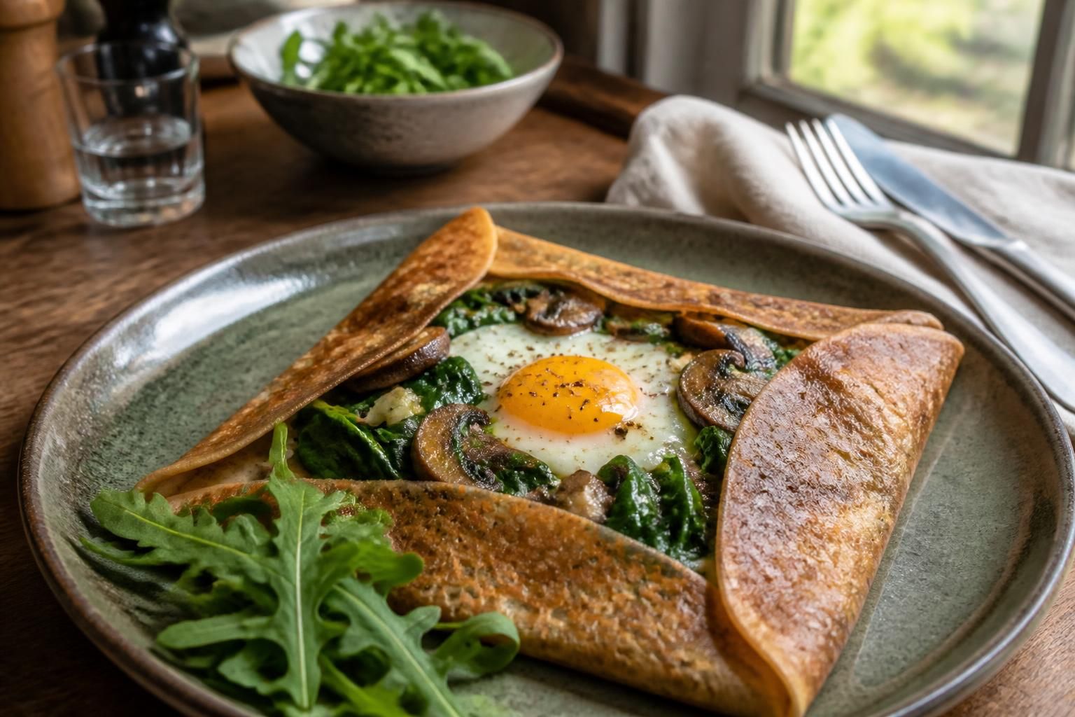Assiette de crêpes salées garnies sans jambon : chèvre-épinards, saumon fumé et légumes rôtis, sur table en bois clair avec herbes fraîches