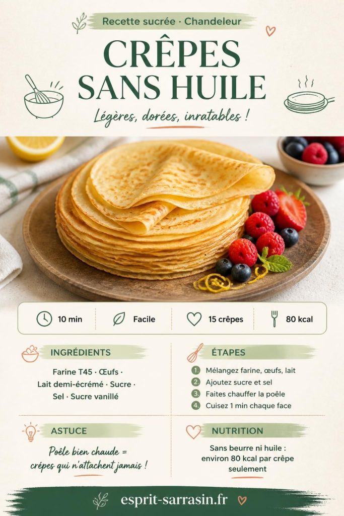 Crêpes légères sans huile ni beurre, fines et dorées, présentées sur une assiette rustique avec des fruits frais