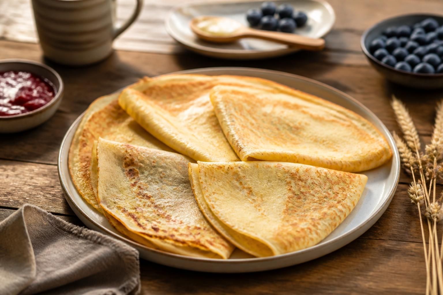 Assiette de crêpes légères sans huile, dorées et fines, présentées sur une table en bois avec un bol de pâte à crêpes et des fruits frais
