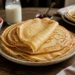Assiette de crêpes sans lait dorées et moelleuses, garnies de sirop d'érable, sur une table en bois clair avec des fruits frais