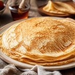 Crêpes sans lait dorées et empilées, présentées dans une assiette blanche avec un filet de sirop d'érable, sur une table en bois clair