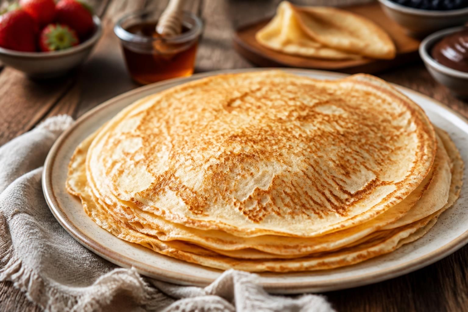 Crêpes sans lait dorées et empilées, présentées dans une assiette blanche avec un filet de sirop d'érable, sur une table en bois clair