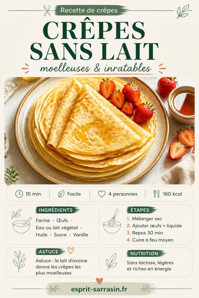 Crêpes sans lait moelleuses et dorées, garnies de sirop d'érable — recette facile esprit-sarrasin.fr