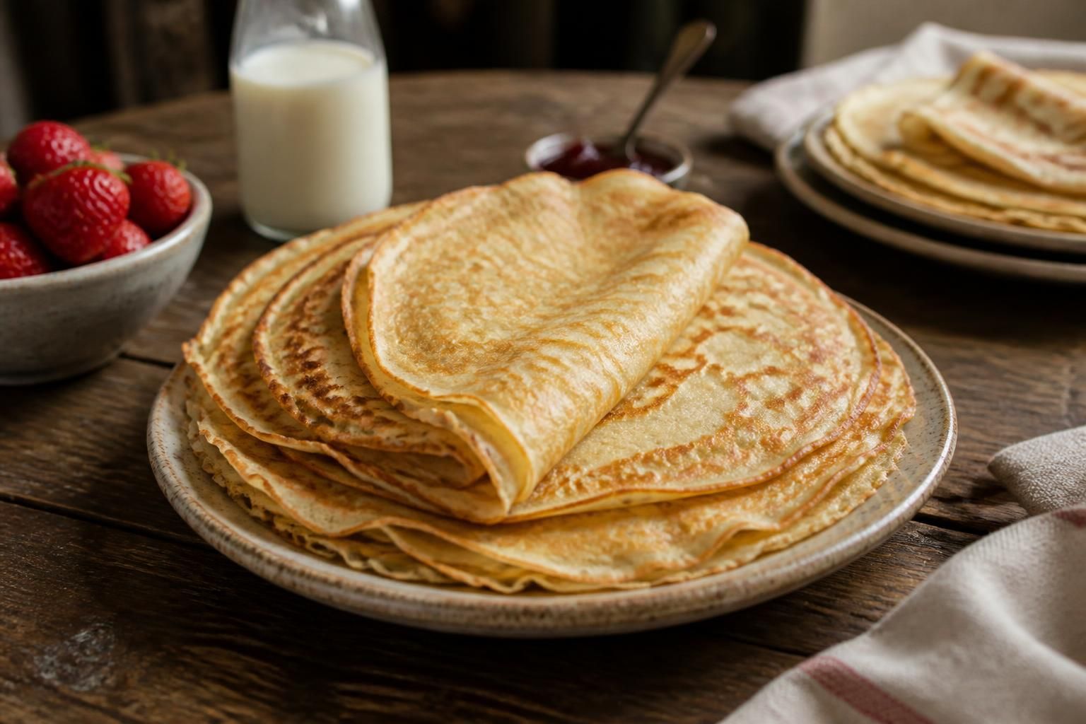 Assiette de crêpes sans lait dorées et moelleuses, garnies de sirop d'érable, sur une table en bois clair avec des fruits frais