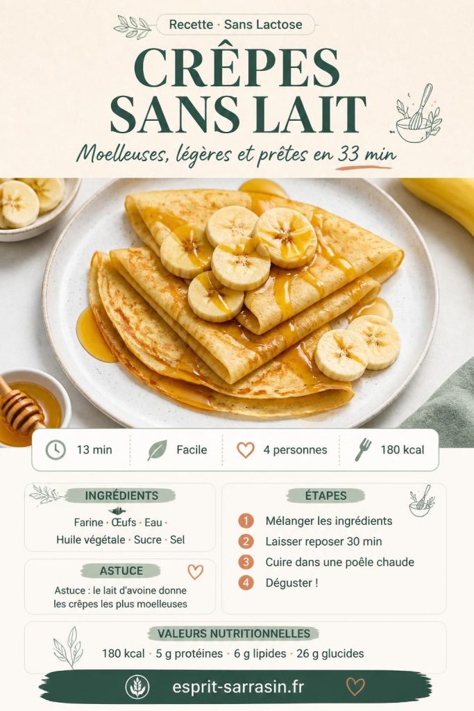 Crêpes sans lait dorées et moelleuses sur assiette blanche, recette facile esprit-sarrasin.fr