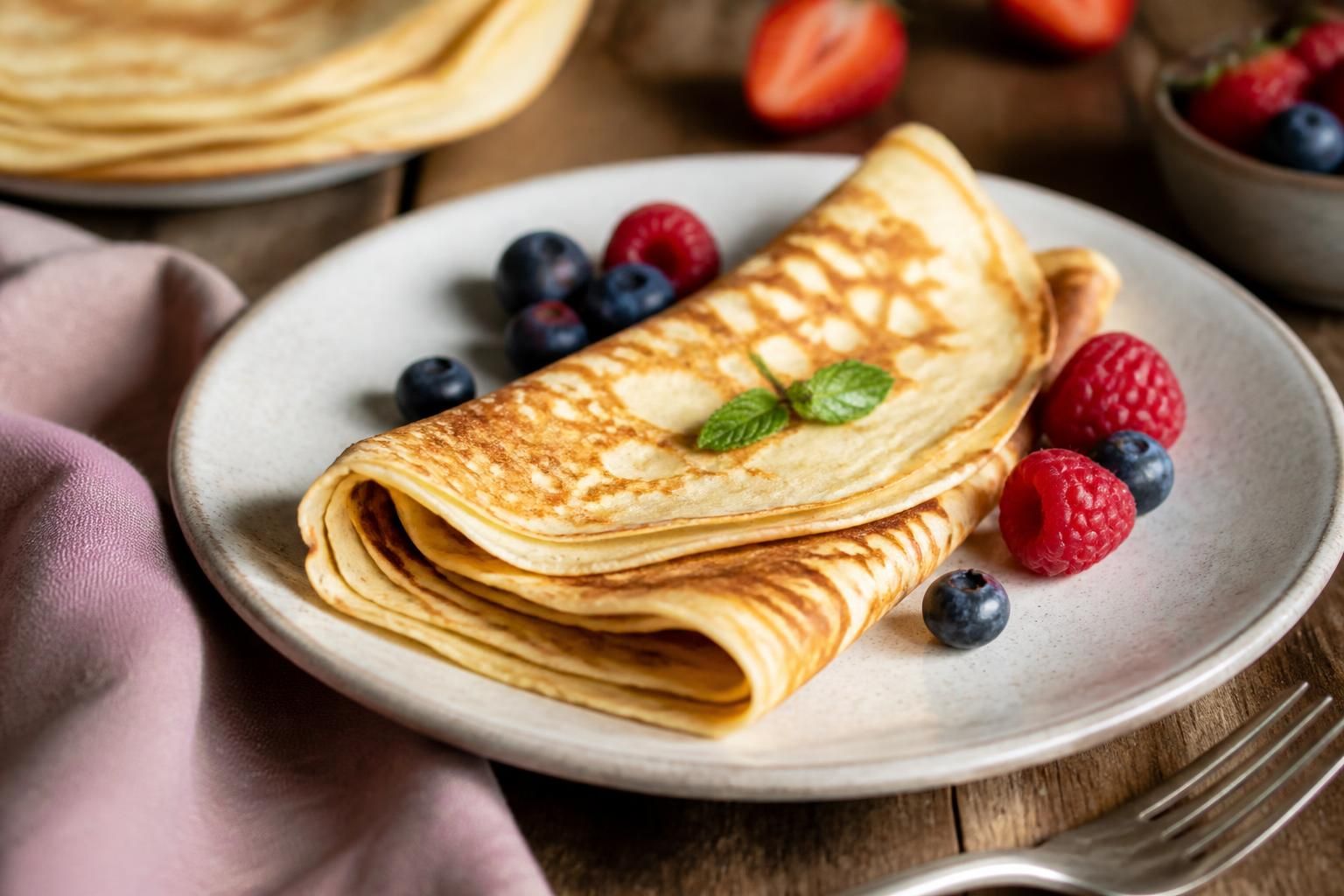 Pile de crêpes sans lait dorées et moelleuses, garnies d'un filet de miel et de tranches de banane, sur une assiette en céramique blanche