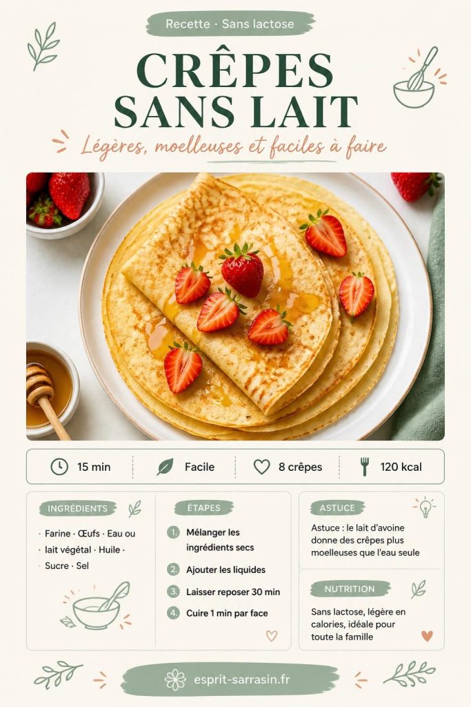 Crêpes sans lait dorées et moelleuses sur une assiette blanche, avec confiture de fraises, à épingler sur Pinterest