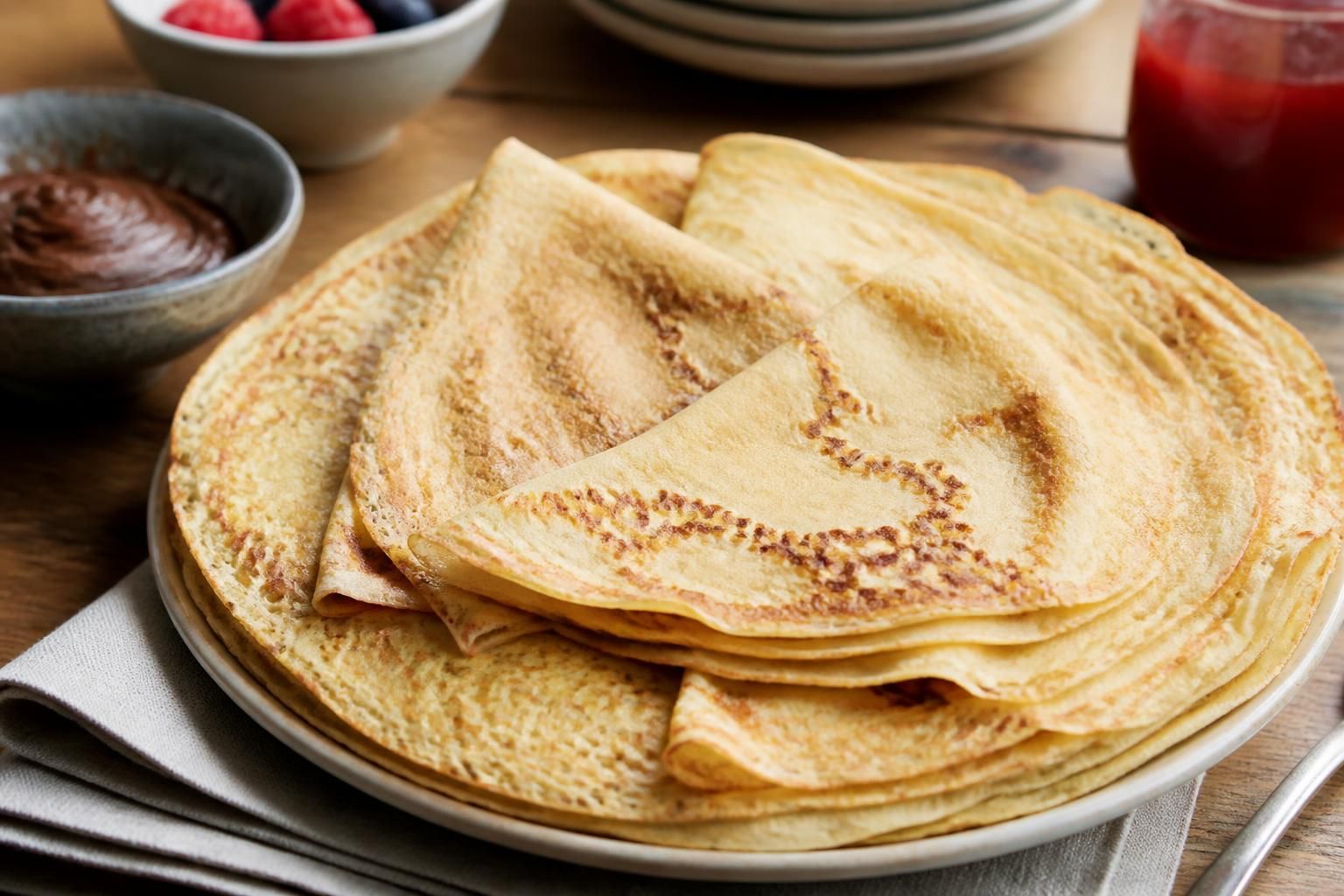 Assiette de crêpes sans lait dorées et moelleuses, garnies de confiture de fraises, sur une table en bois claire avec des ingrédients autour