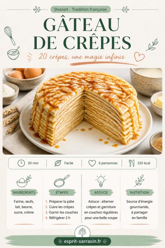 Gâteau de crêpes maison en couches alternées de crème diplomate vanille, à partager en famille