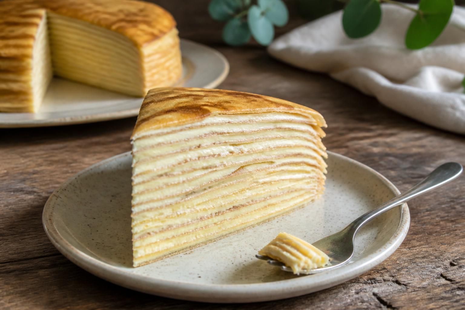 Gâteau de crêpes maison empilé en couches alternées de crème, présenté en part sur une assiette blanche avec un filet de caramel