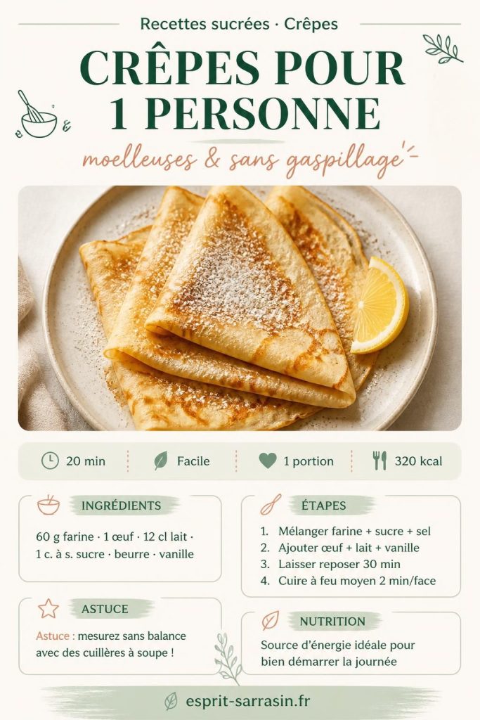 Crêpes moelleuses pour 1 personne sur assiette blanche, sucre glace et citron, recette rapide sans balance