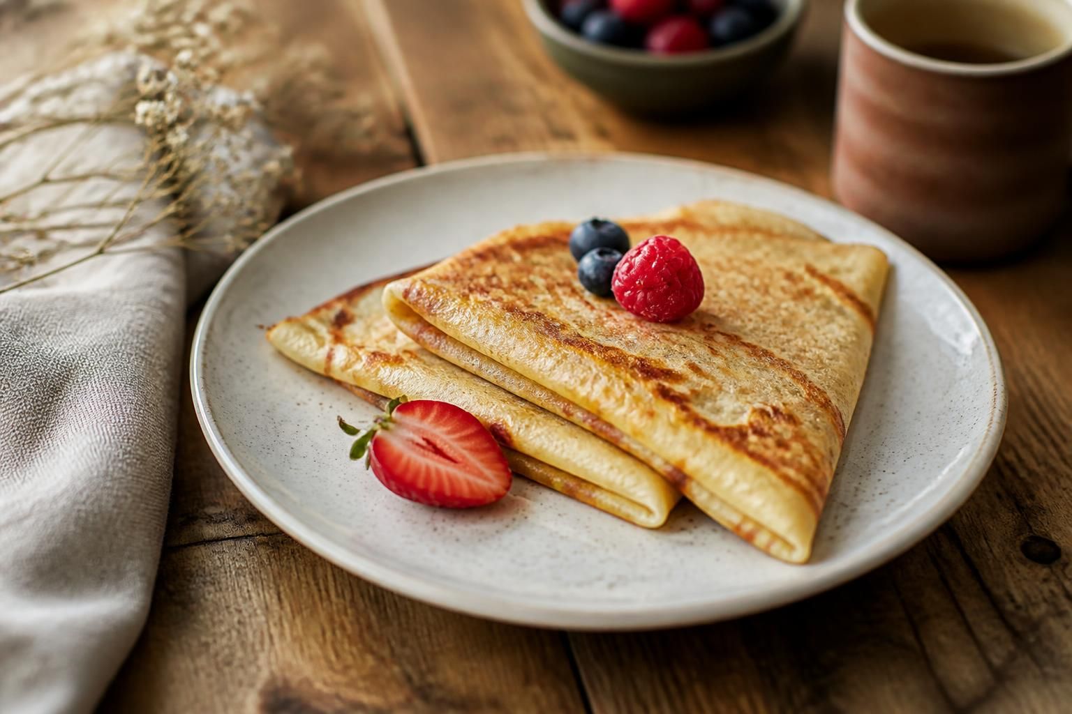 Assiette de crêpes dorées et moelleuses pour une personne, garnies de sucre et d'un filet de citron, sur une table en bois claire
